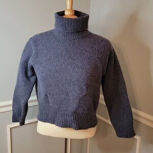 J.CREW Blue Heathered 100% Lambswool Cropped Chunky Preppy Turtleneck Sweater S